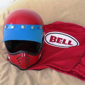 Vintage Bell Moto 3 Helmet with Bag - Red with blue visor - Manufactured 1975!